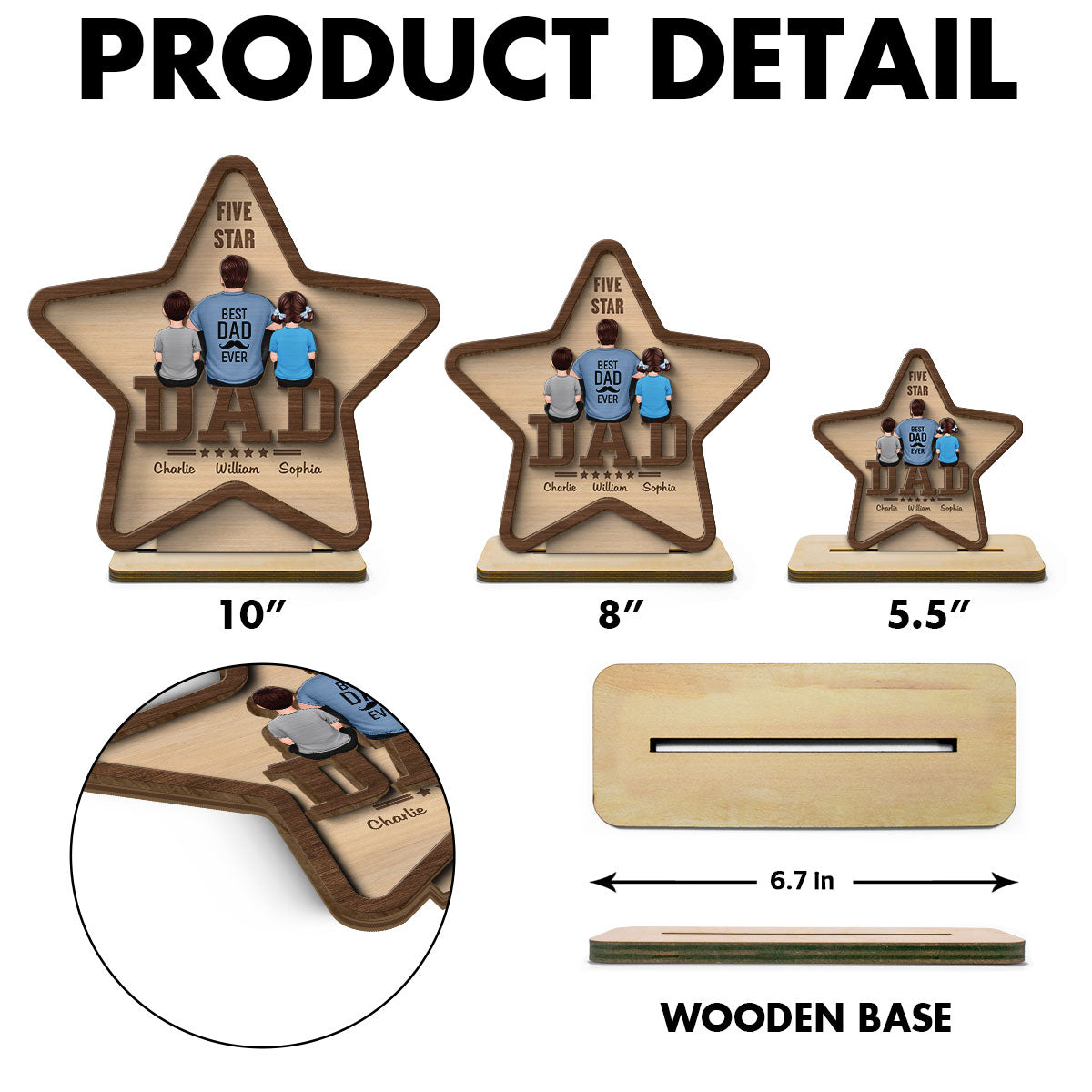 Five - Star Dad Back View Dad And Kids Personalized 2-Layer Standing Wooden Plaque