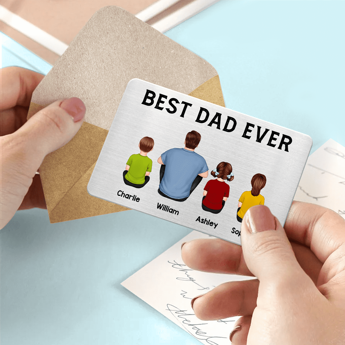 Back View Dad And Kids Dogs Cats Sitting Best Dad Ever Personalized Metal Wallet Card