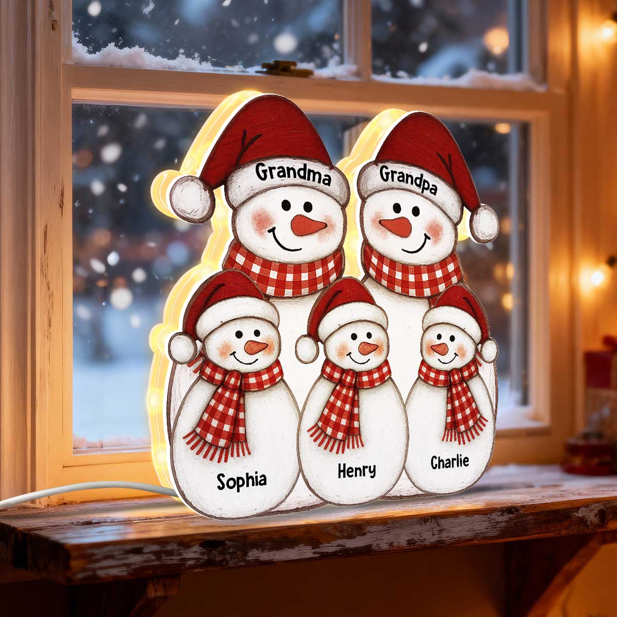 Folk Art Cute Snowman Grandma Grandpa & Grandkid - Personalized Light Box - Christmas Decor For Grandparents