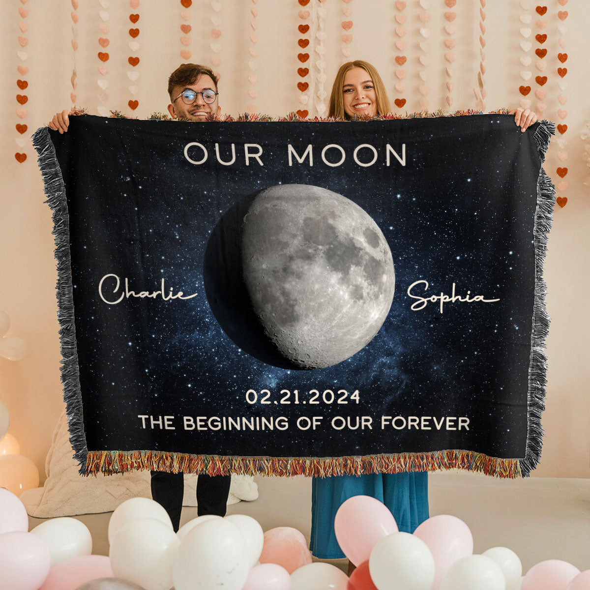 Our Moon Couple Gift Moon Phase Art Wedding Anniversary Gift For Him Gift For Her Personalized Tapestry Woven Blanket