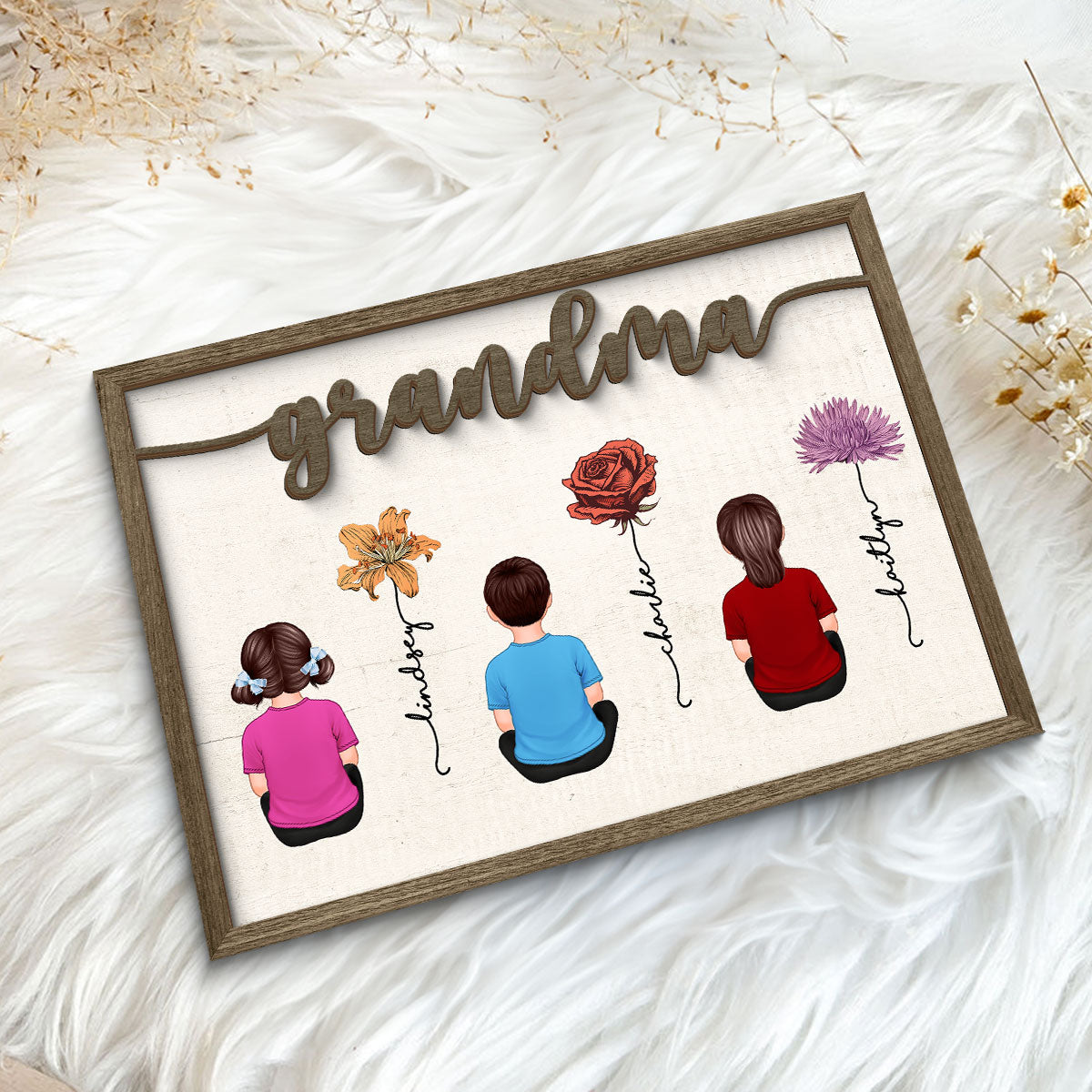 Grandkids Sitting Grandma Garden Vintage Birth Month Flowers Personalized 2-Layer Wooden Plaque
