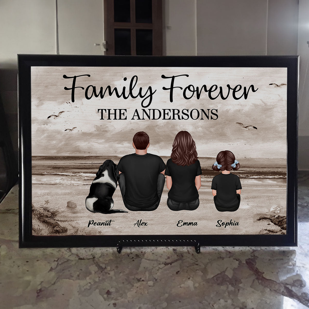 Family Sitting Retro Vintage Beach Landscape - Personalized Poster - Gift For Dad, Husband