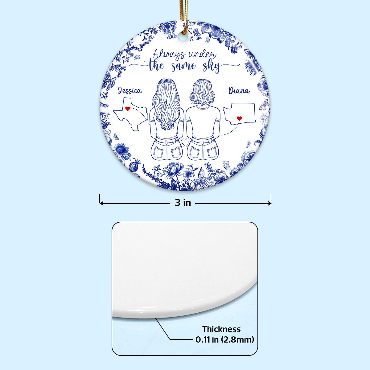 Chinoiserie Pattern Long Distance Besties State Map Personalized Ceramic Ornament
