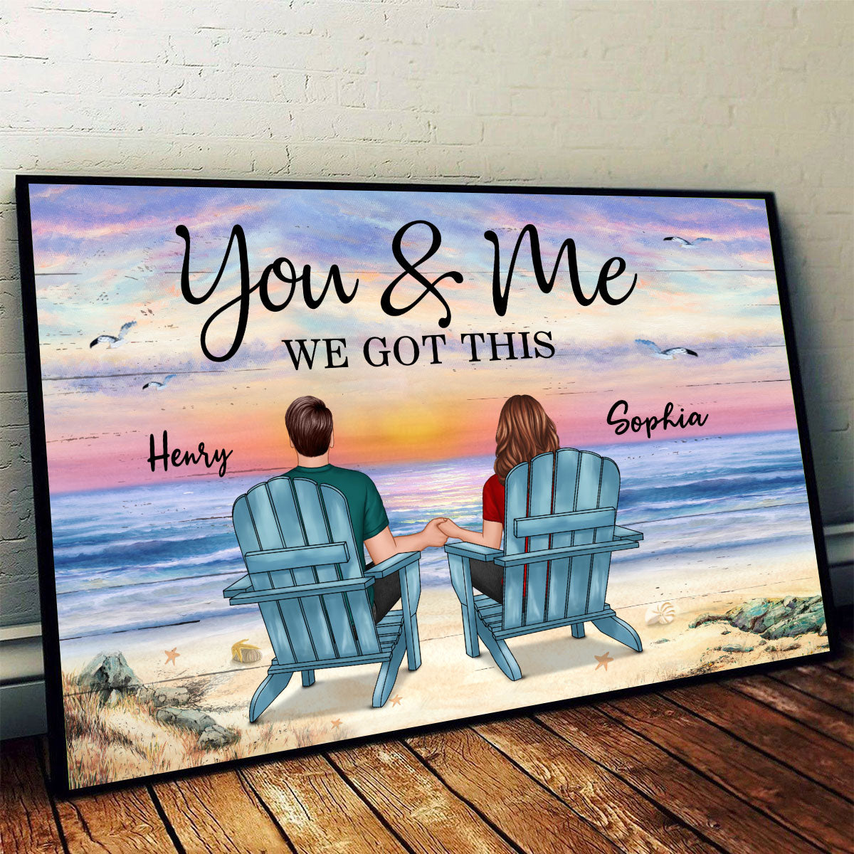 Back View Couple At Beach Purple Sunset Personalized Horizontal Poster