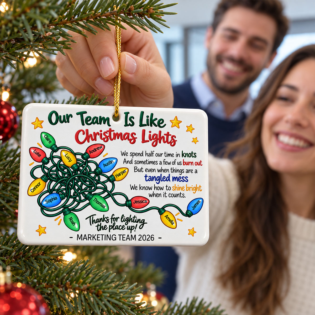 Our Team Is Like Christmas Lights - Personalized Ceramic Ornament - Coworkers, Colleagues Gift Exchange, Office Staff Appreciation Gift