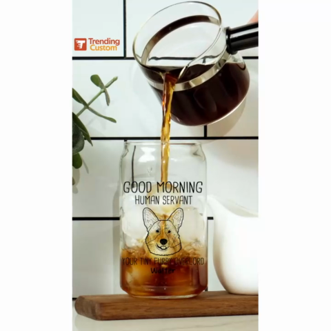 Good Morning Human Servant Dog Head Outline Gift For Dog Lover Personalized Clear Glass Can