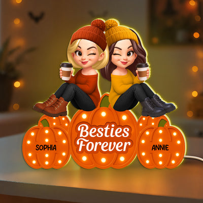 Fall Season Besties Sitting On Marquee Pattern Texture Pumpkins Personalized LED Light Box, Fall Gift For Best Friends