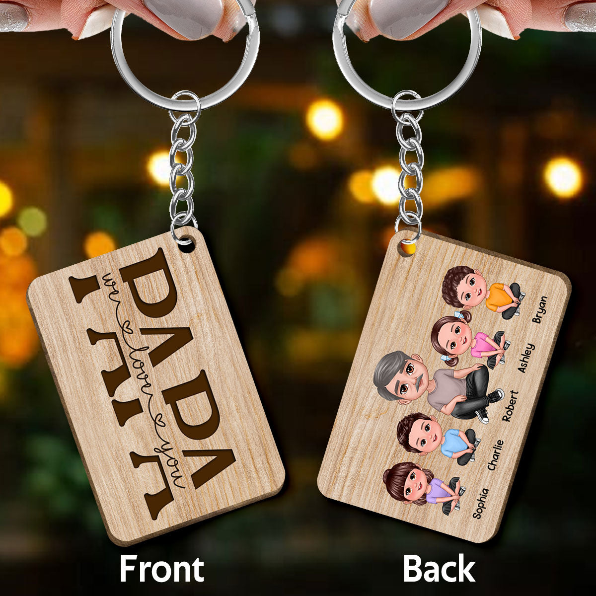 Best Papa Ever Doll Sitting Man & Kids Dog Cat Personalized Wooden Keychain
