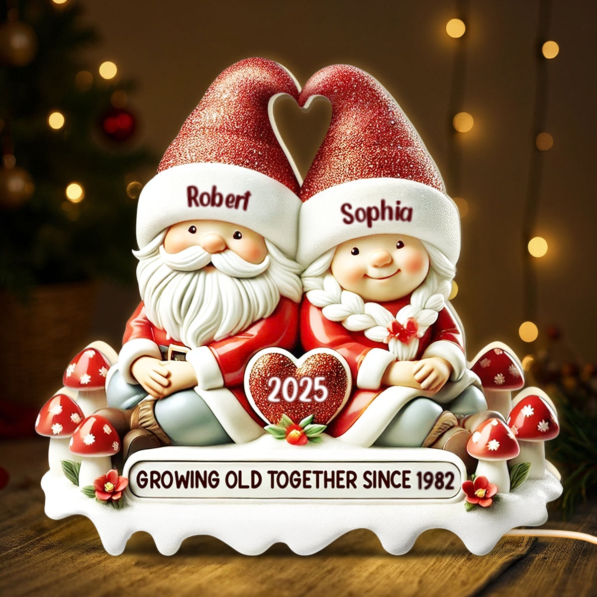 3D Effect Gnome Couple Growing Old Together Christmas - Personalized Light Box