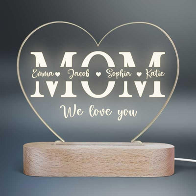 We Love You Mom Children Names Personalized Heart Plaque With LED Night Light - Acrylic LED Lamp - Mother‘s Day Gift, Birthday Gift For Mom