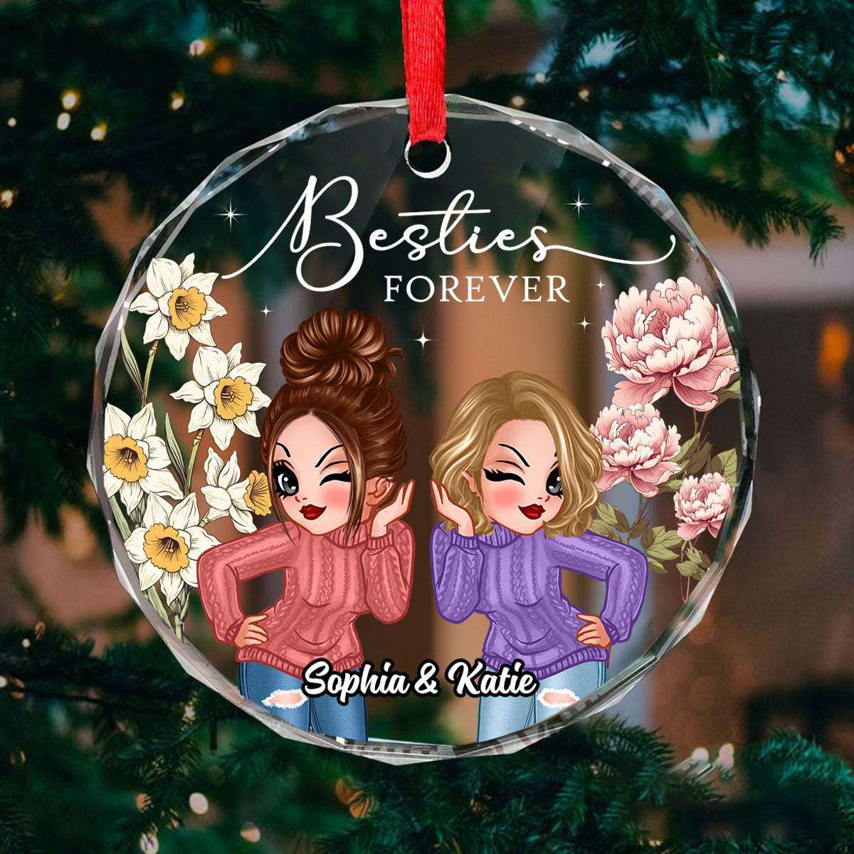 Besties Sisters Birth Month Flowers Personalized Glass Ornament, Christmas Gift For Best Friends