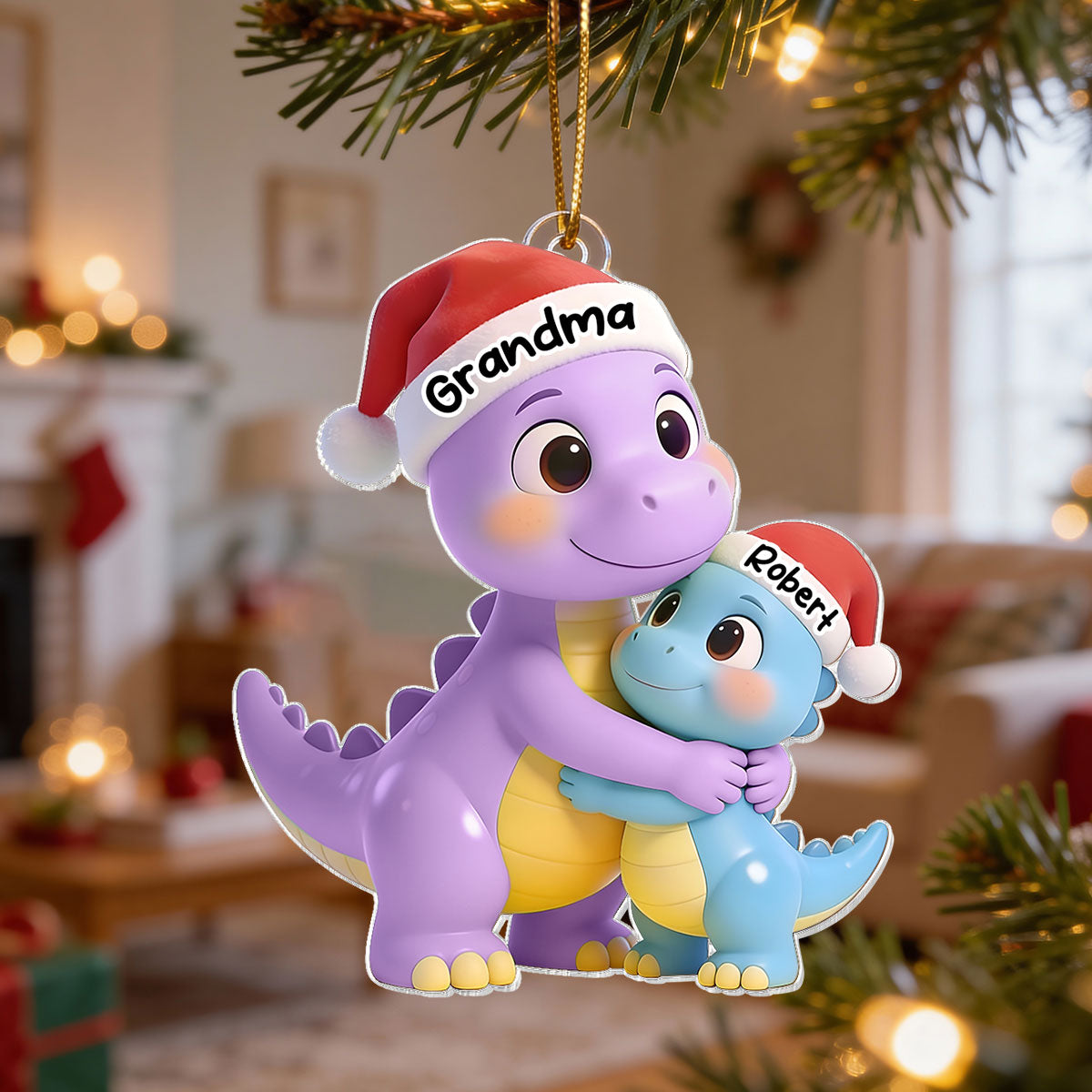 3D Effect Heartwarming Happy Grandmasaurus With Dinosaur Grandkid - Personalized Acrylic Car Hanger - Gift For Grandkids