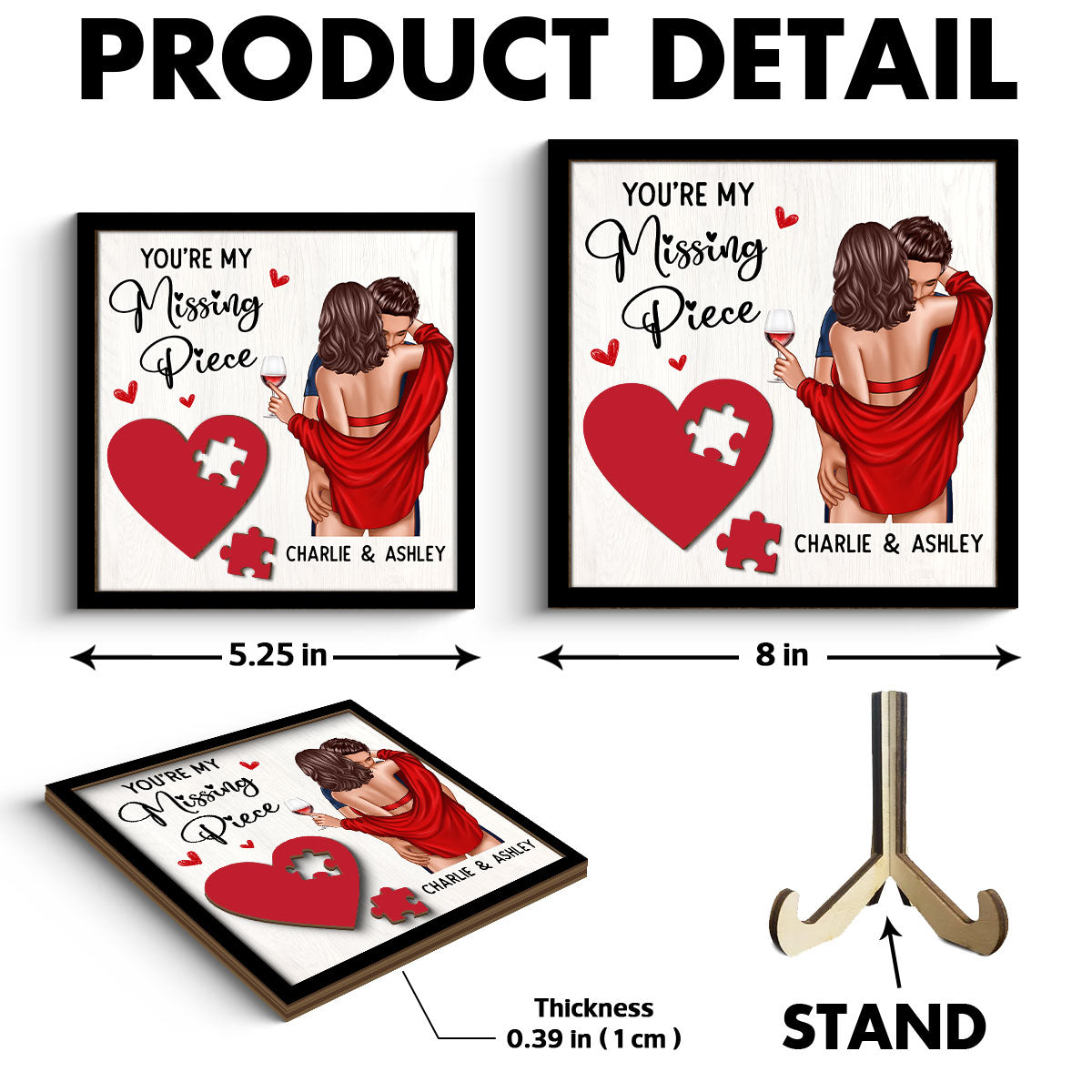 Couple Kissing On Shoulder Missing Piece Red Heart Personalized 2-Layer Wooden Plaque, Valentine‘s Day Gift For Him, For Her