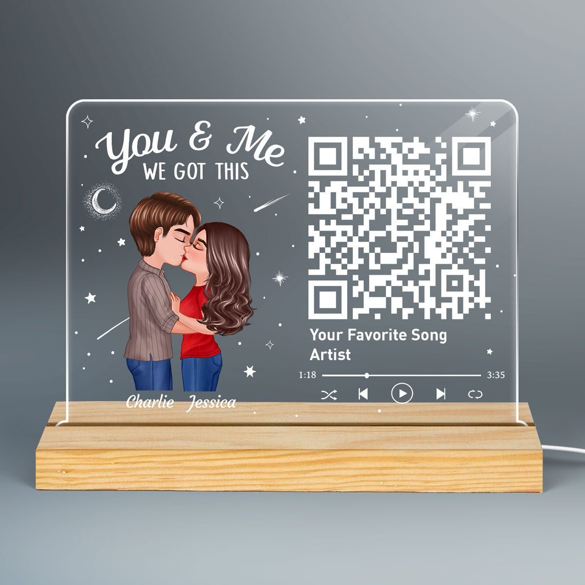 Couple Kissing Under Stars Sky Gift For Him For Her Personalized Custom Shape Acrylic Plaque Warm LED Night Light