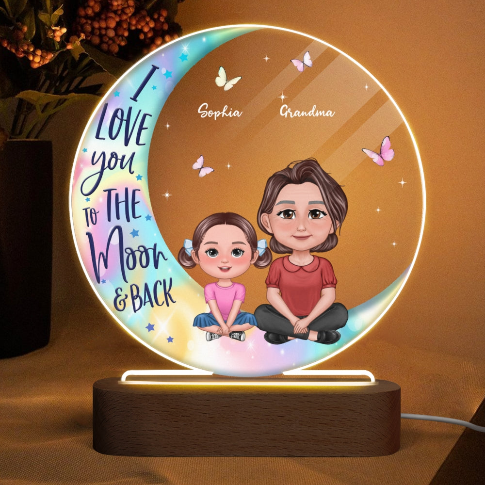 Pretty Doll Grandma Grankids On Moon Personalized Acrylic Circle LED Night Light