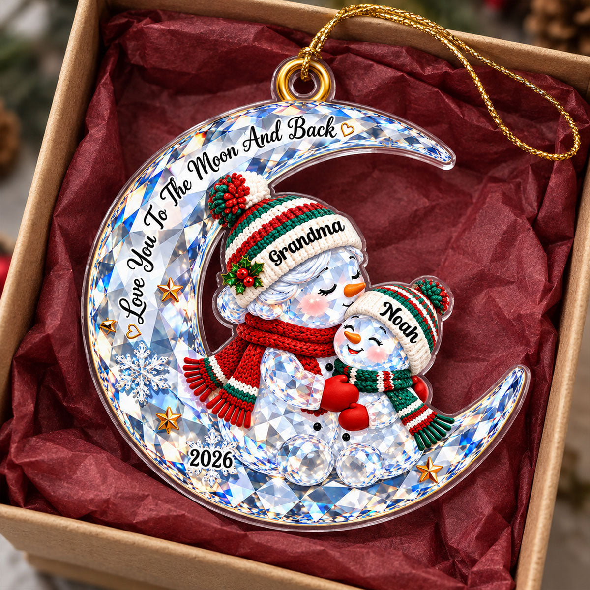 Grandma Grandkid Snowman On Moon Shiny Effect 2D Flat Printed - Personalized Acrylic Ornament - Christmas Gift For Grandkid, Grandson, Granddaughter