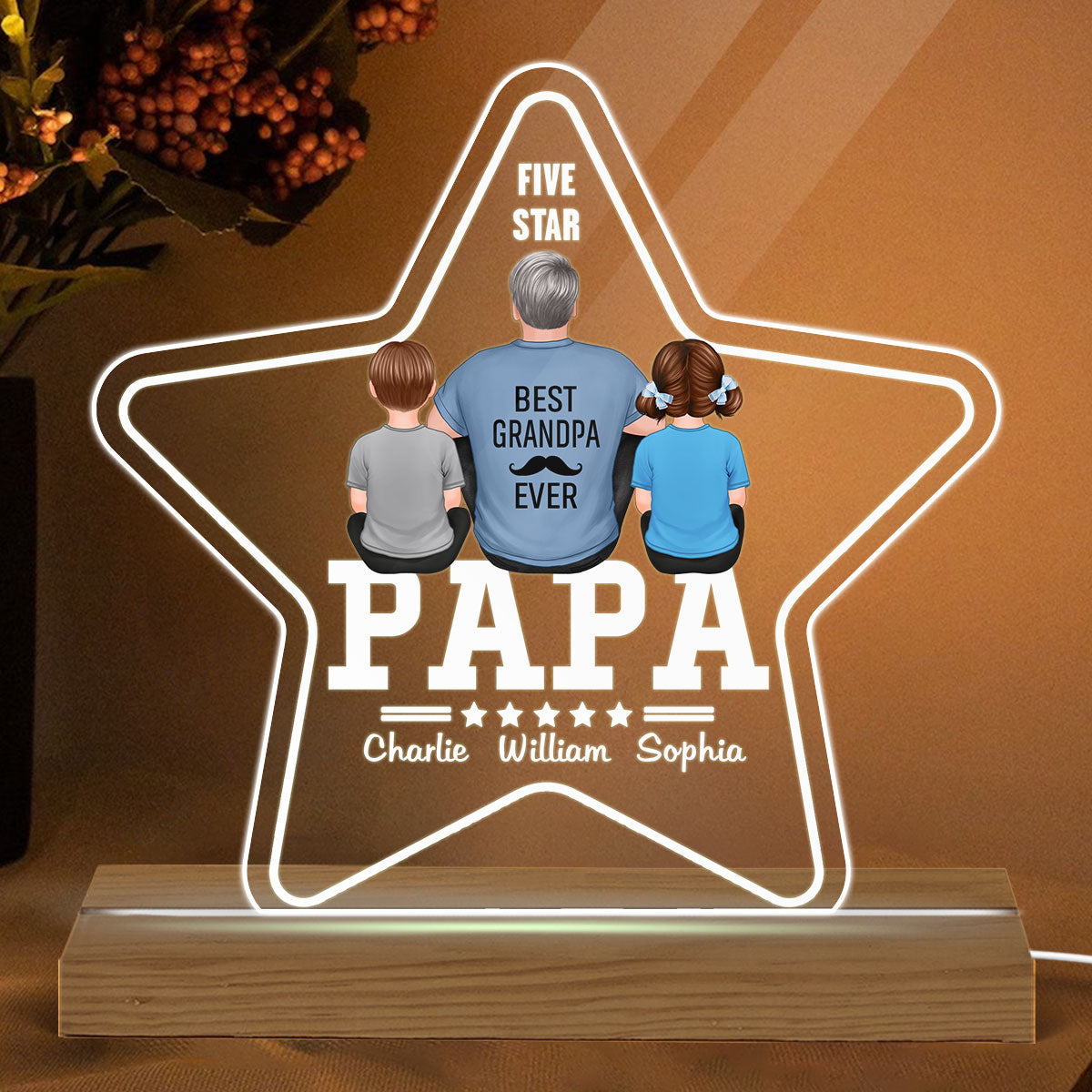 Five - Star Papa Back View Man And Kids Personalized Warm Acrylic Custom Shape LED Night Light