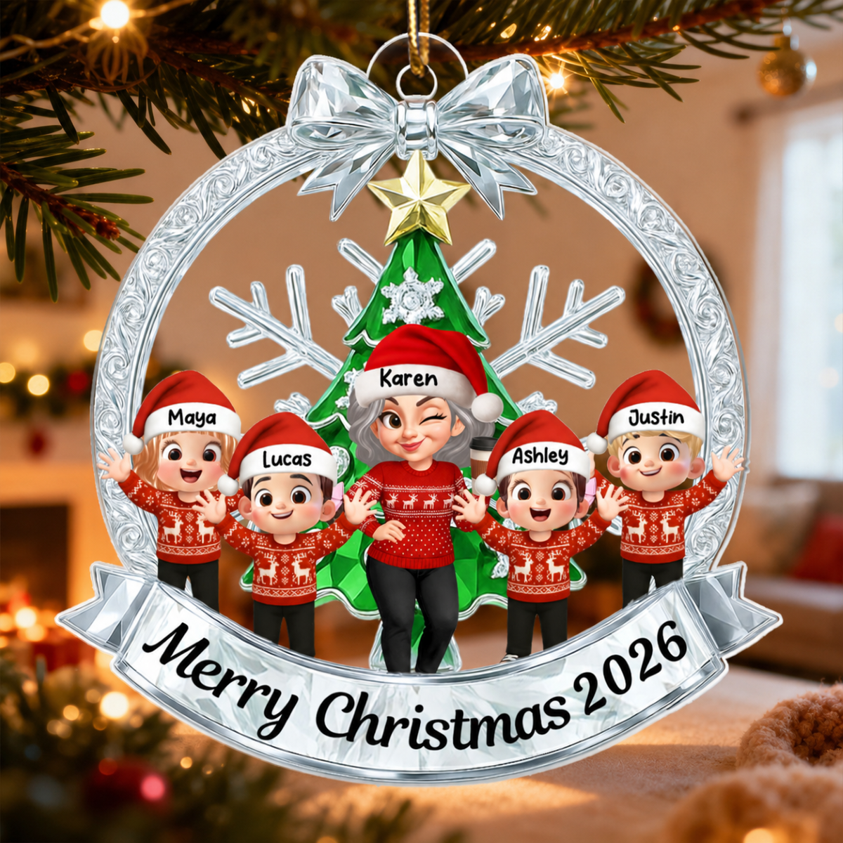 Grandma Grandkids Sitting on Christmas Wreath Metallic Effect - Personalized Acrylic Ornament - Christmas Gift for Grandma
