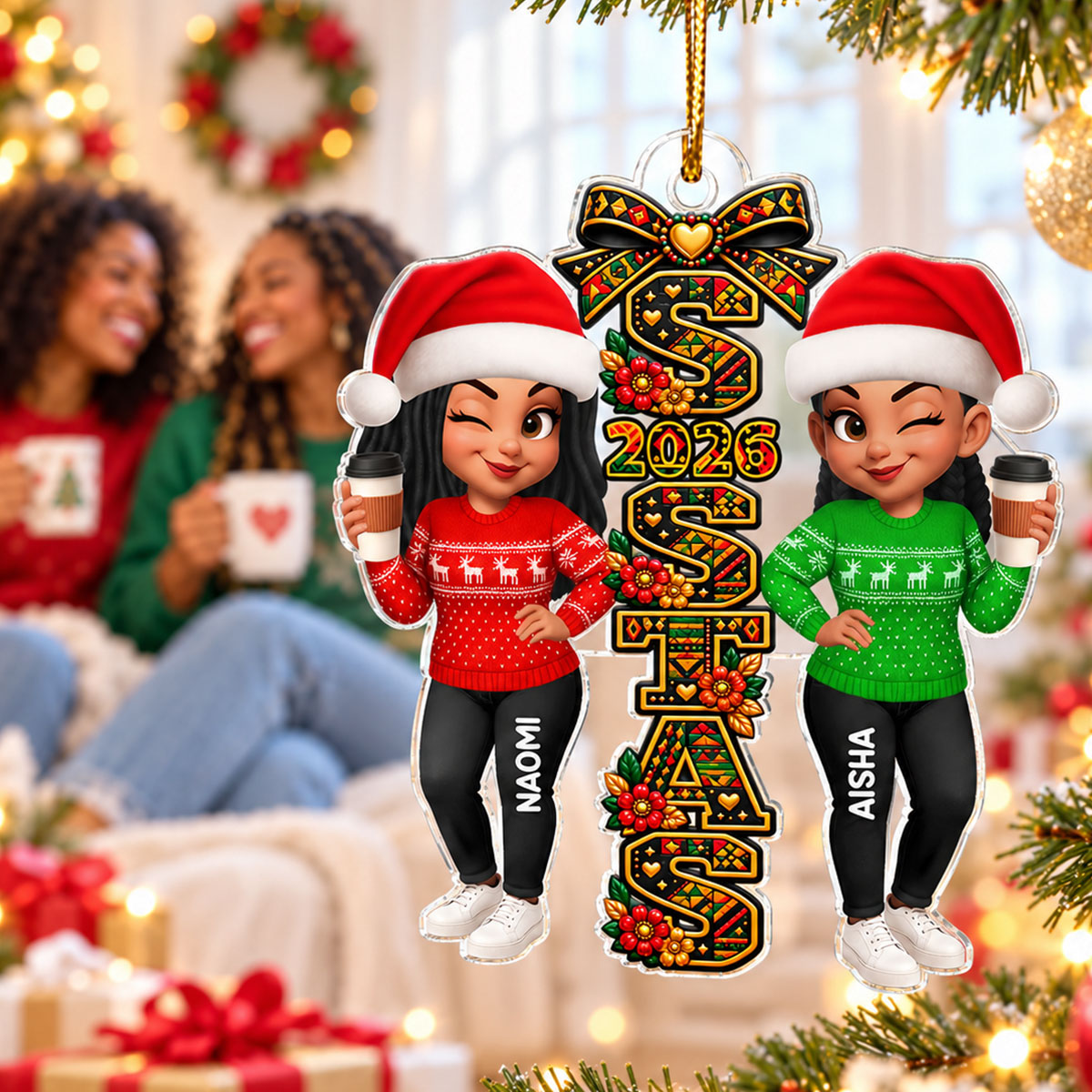 Tribal Patterned Besties Sisters Sistas Forever - Personalized Acrylic Ornament - Christmas Gift, Friendship Gift For Best Friends