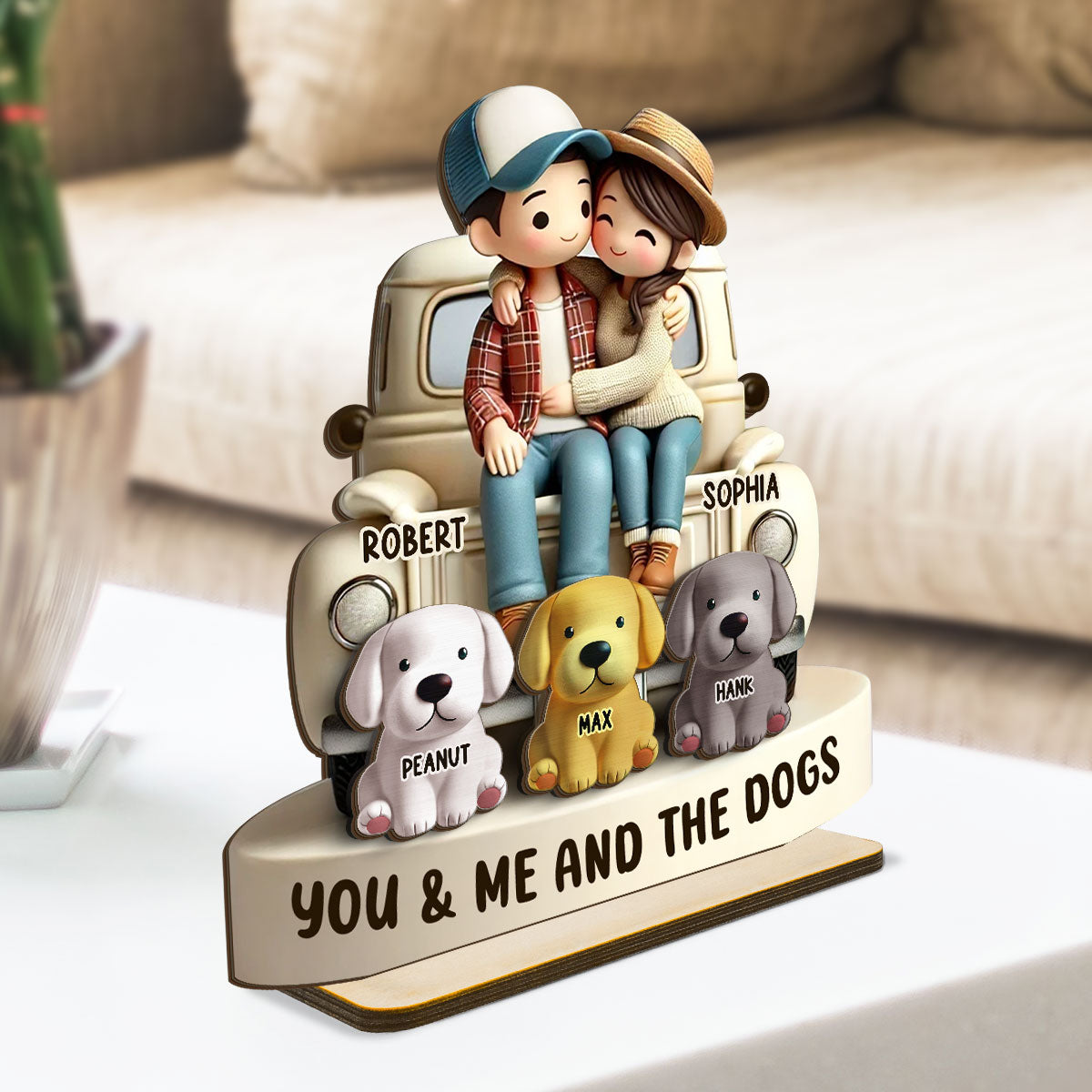 Couple On Truck You Me And The Dog Cats Personalized 2-Layer Standing Wooden Plaque, Heartfelt Gift For Couple, For Dog Lovers, Cat Lovers, Pet Lovers