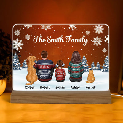 Family Dad Mom Kids Dogs Cats Snow Background Christmas Personalized Custom Shape Acrylic Plaque Warm LED Night Light