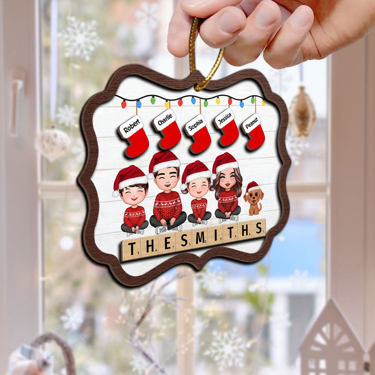 Family Sitting Christmas Stocking Wooden Blocks Personalized 2-Layer Wooden Ornament