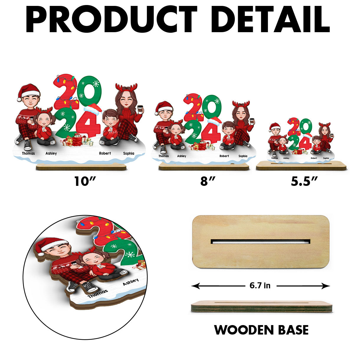 Cute Family Dad Mom Kids Sitting By 2024 Christmas Personalized 2-Layer Standing Wooden Plaque