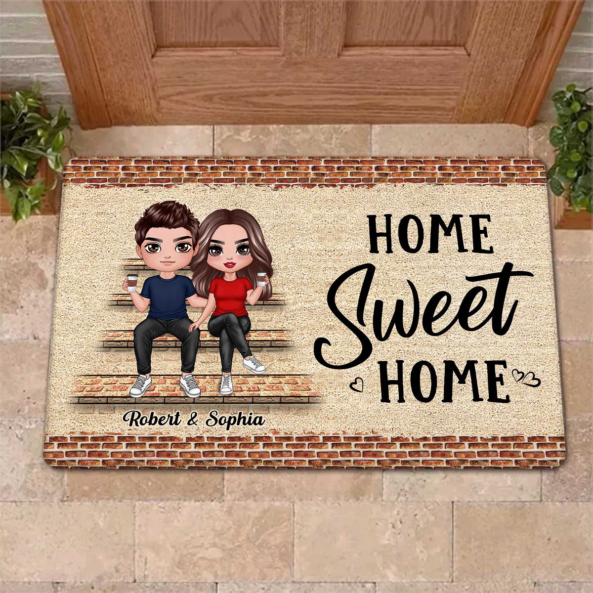 Home Sweet Home Brick Background Doll Couple Personalized Doormat