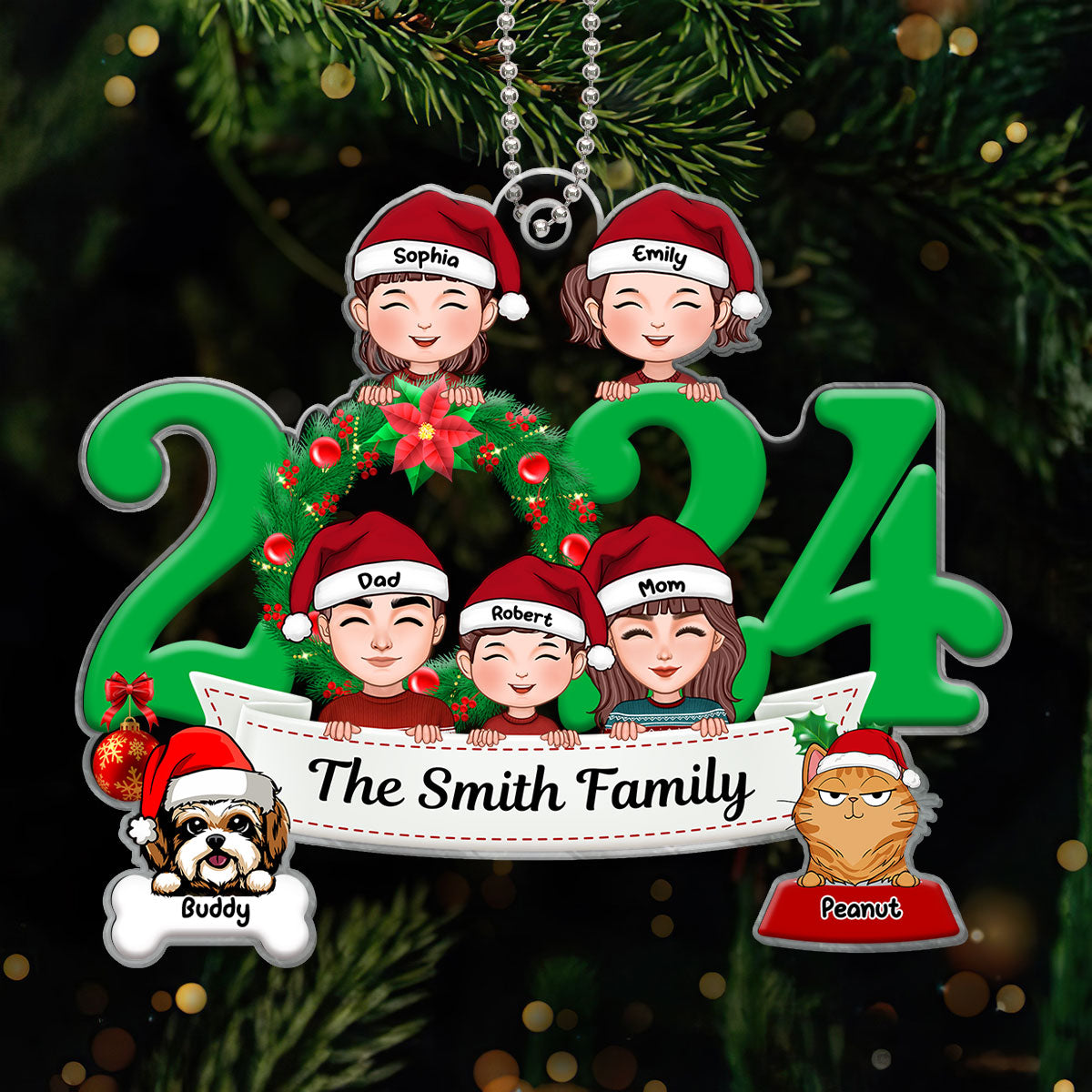 Family And Dogs Cats Peeking 2024 Personalized Acrylic Ornament