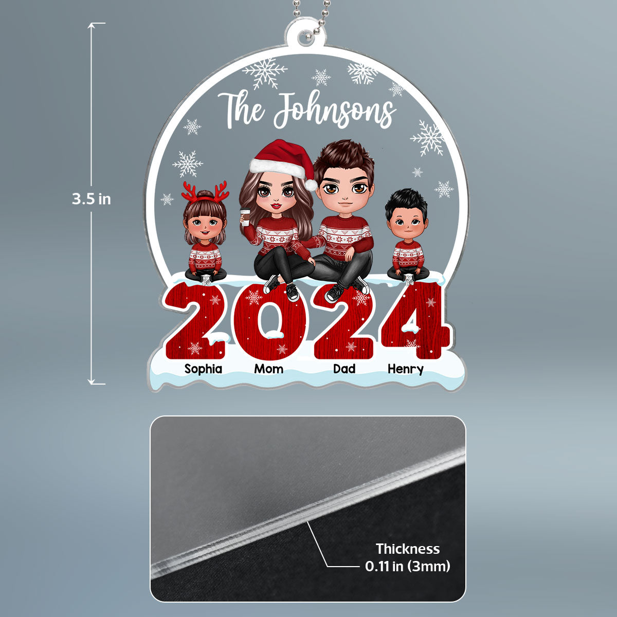 Doll Family Sitting On 2024 Snow Christmas Personalized Acrylic Ornament