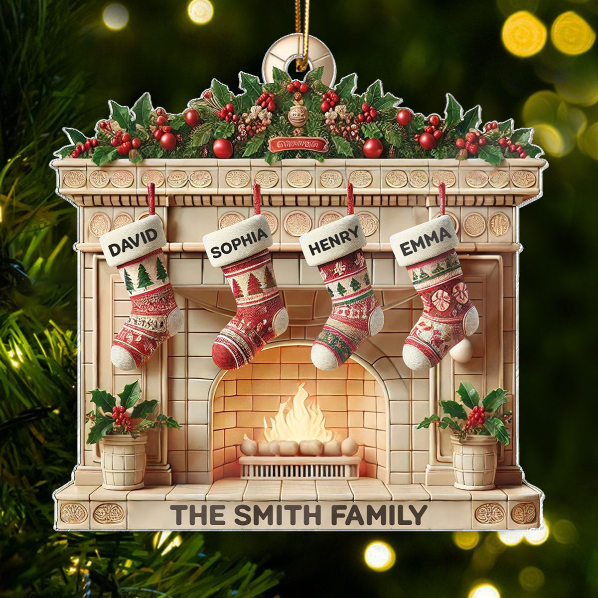 Christmas Retro Fireplace Family Christmas Stockings On Mantel 3D Effect Personalized Acrylic Ornament