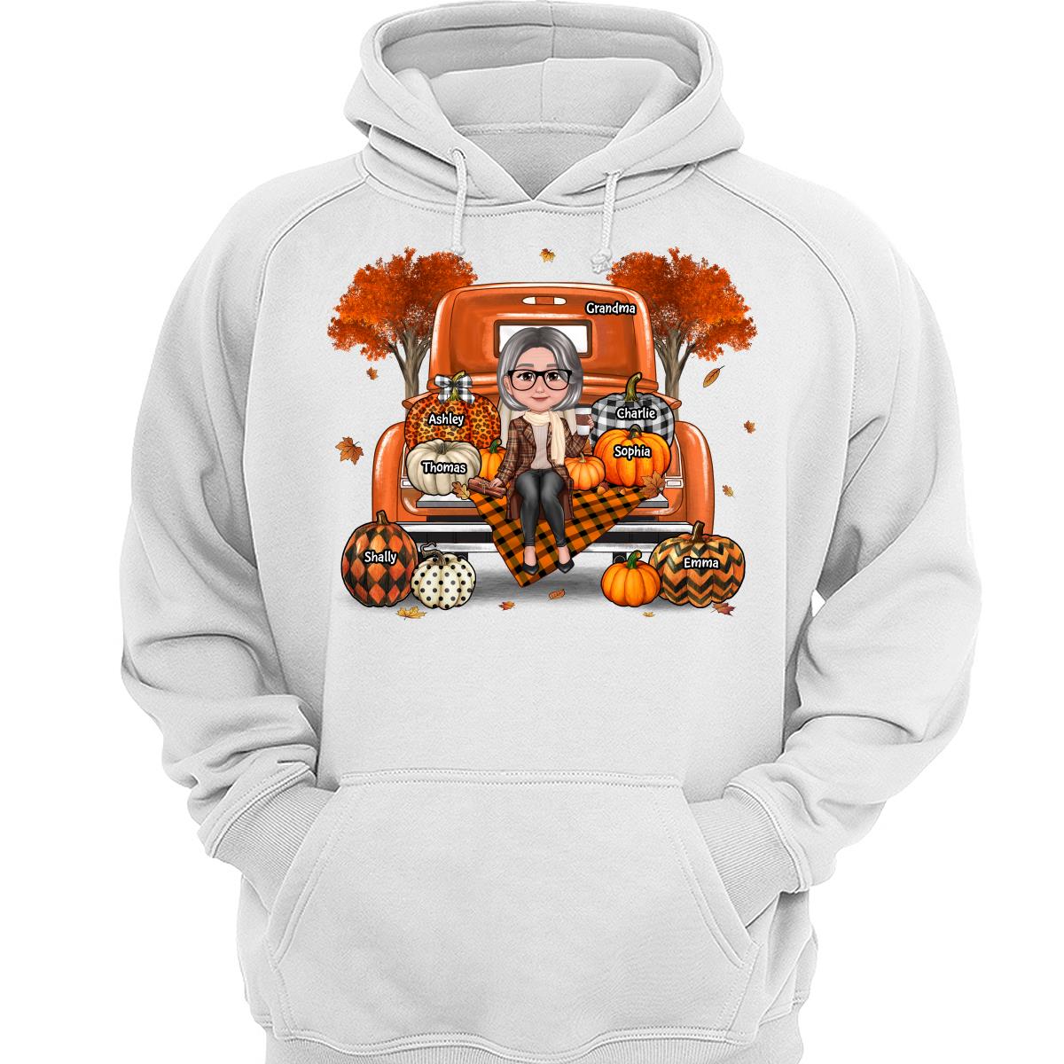 Grandma Mom Sitting On Orange Pumpkins Truck Fall Season Personalized Shirt