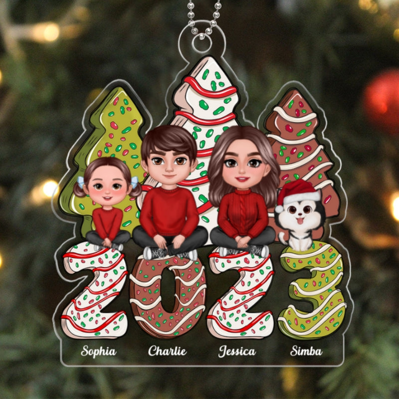 Family Crossed Legs Sitting Christmas Tree Cake Patterned Personalized Acrylic Ornament