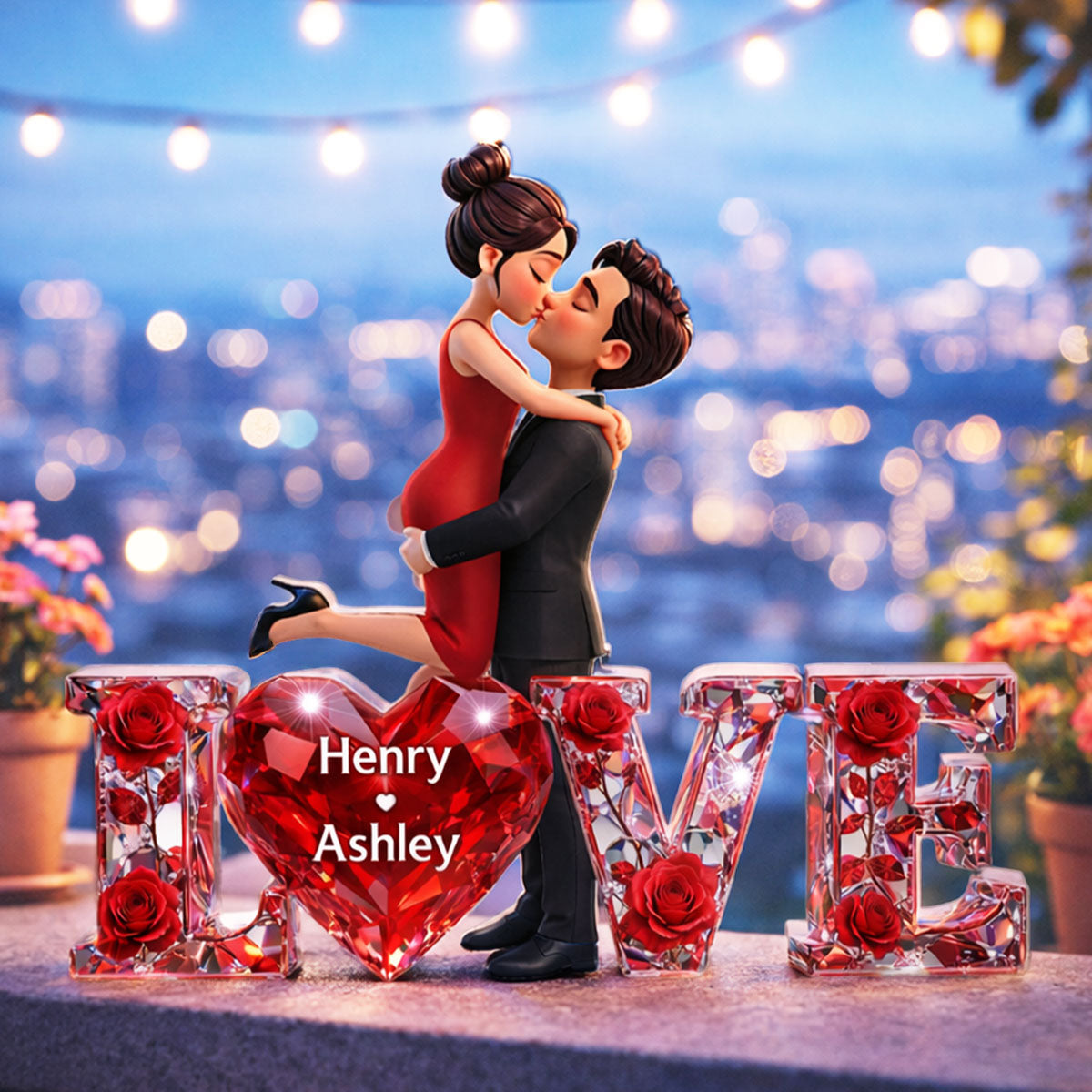 3D Shiny Rose Love Couple - Personalized Acrylic Block Plaque - Heartfelt Valentine's Day Gift For Him, Gift For Her