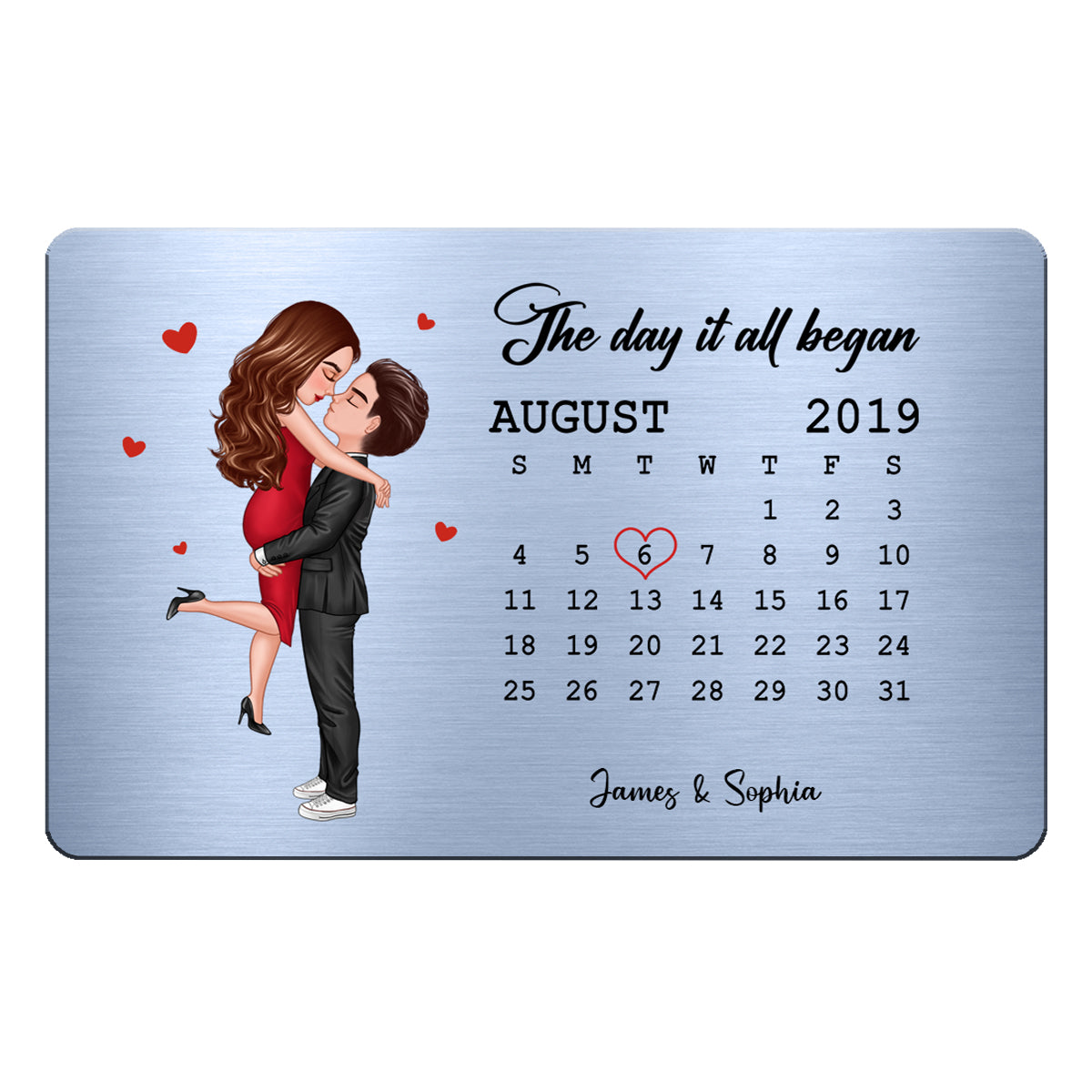 The Day It All Began Hugging Kissing Couple Anniversary Date Personalized Wallet Insert Metal Wallet Card