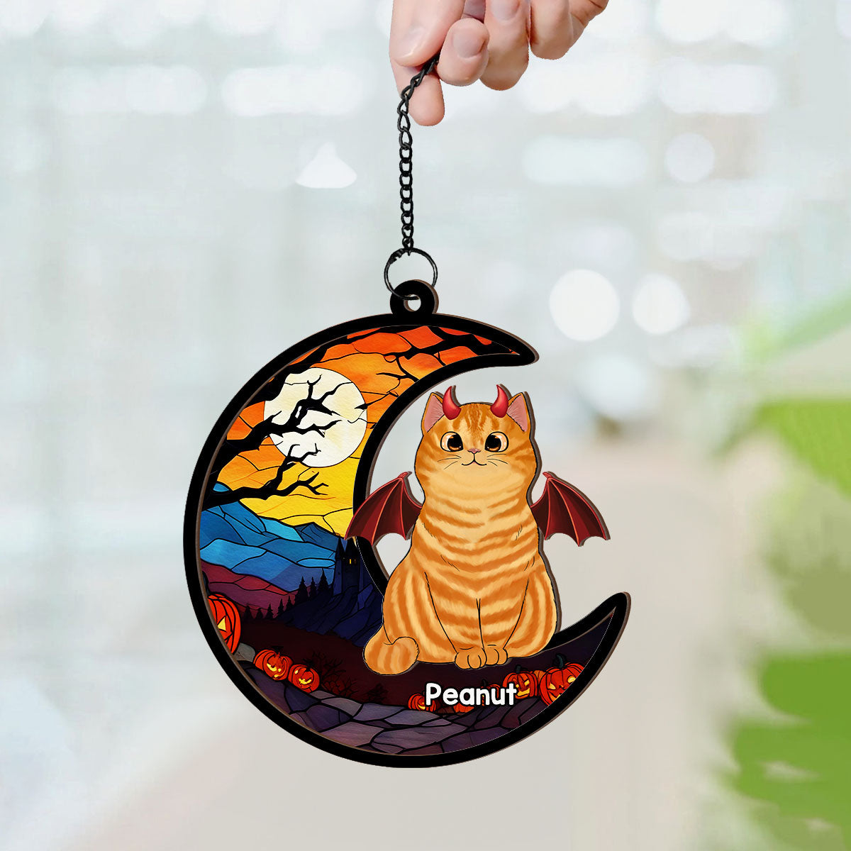 Halloween Cat On Moon Personalized Suncatcher, Halloween Decoration
