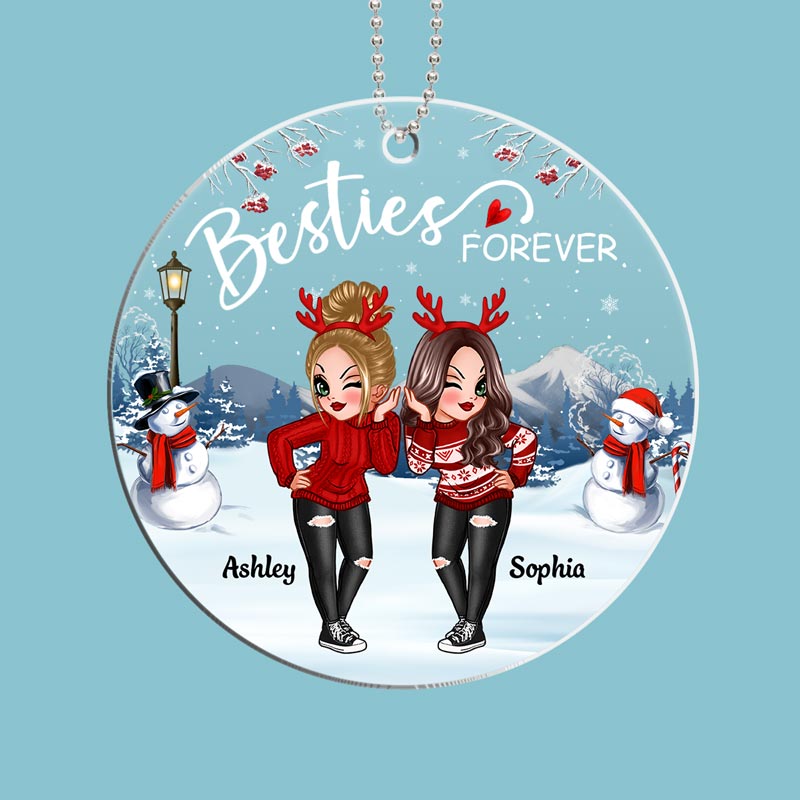 Doll Besties Sisters Standing In Snow Personalized Acrylic Ornament