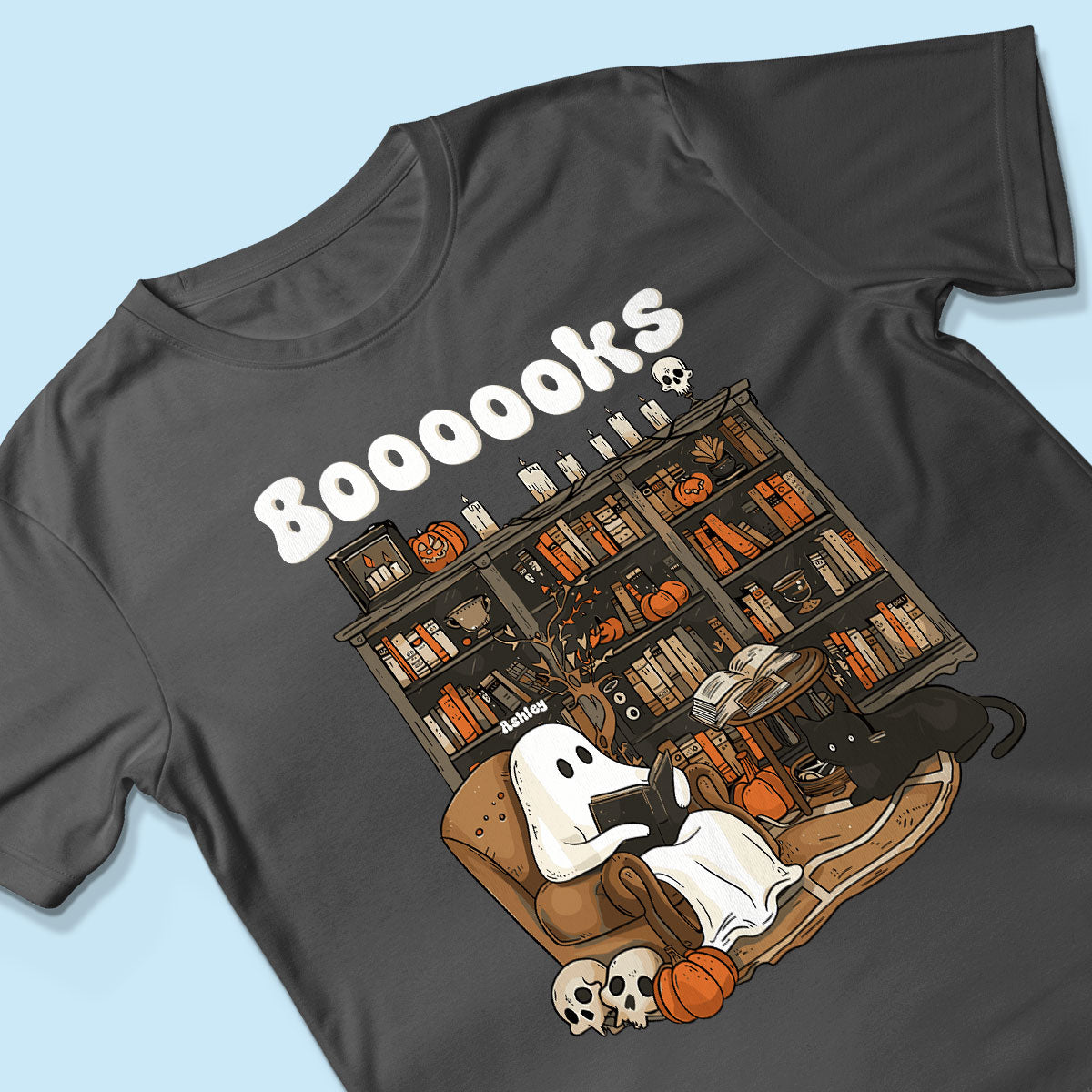 Booooks Retro Ghost Reading Books Personalized Halloween Shirt for Book Lover, Librarian, Teacher