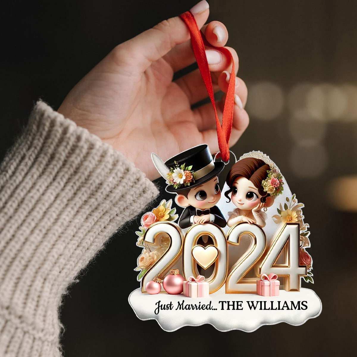 2024 Just Married Pretty Couple Personalized Acrylic Ornament, Unique Christmas Gift For Her For Him For Newlywed Couple