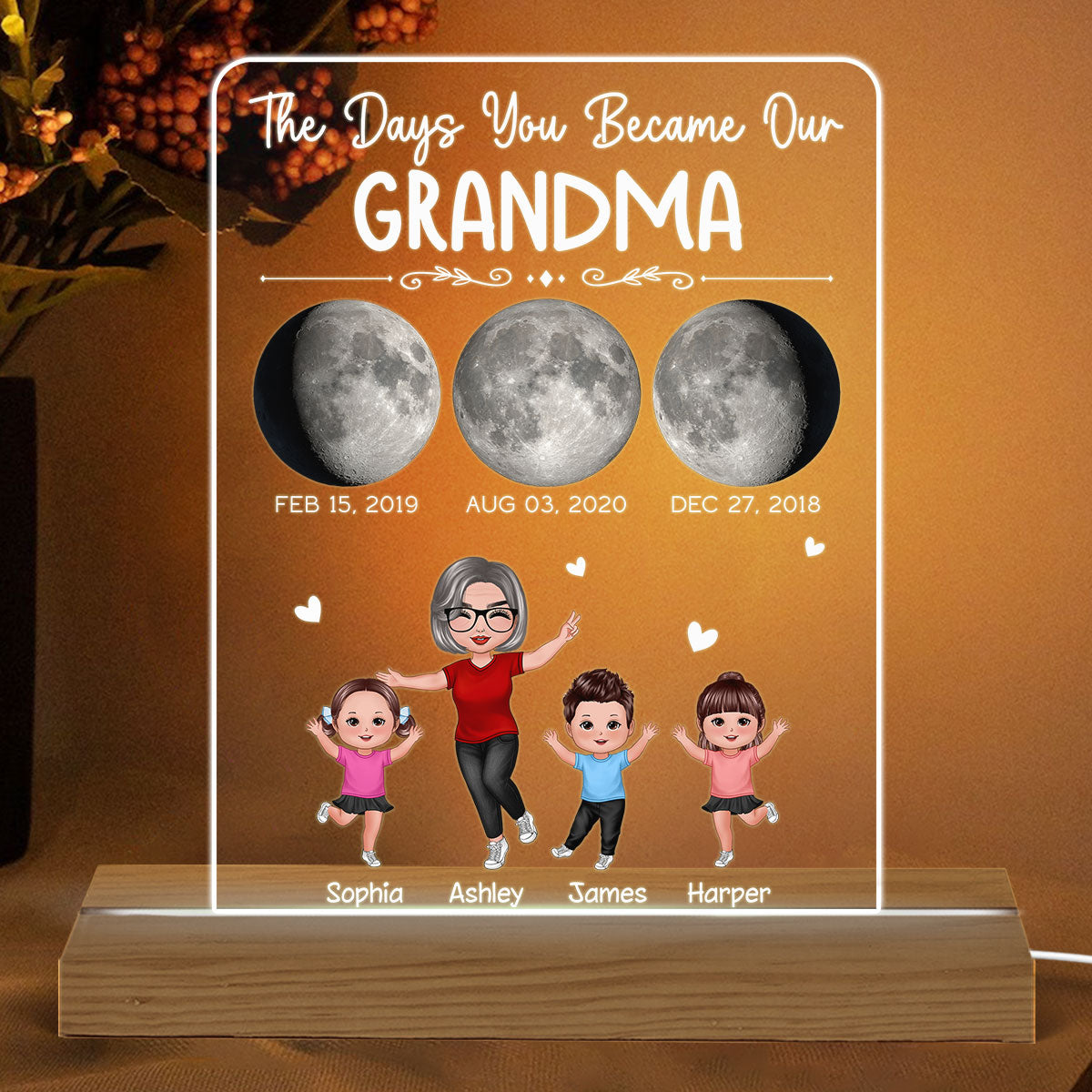 The Days You Became Our Grandma Moon Phase Art Personalized Acrylic Plaque With Warm LED Night Light