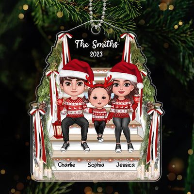 Family Sitting On Stair Christmas Gift Personalized Acrylic Ornament