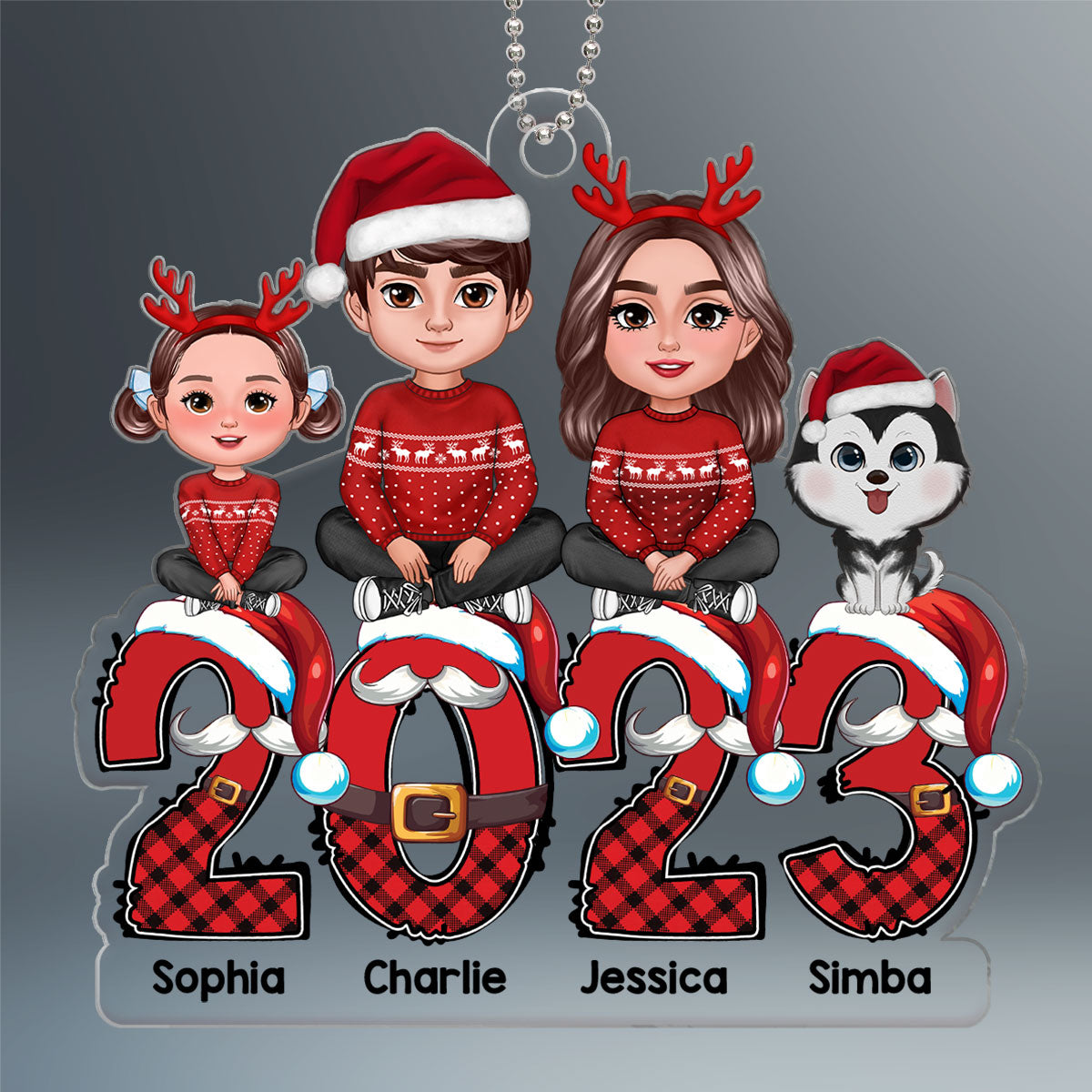 Family Sitting Crossed Legs On Santa Christmas 2023 Personalized Acrylic Ornament