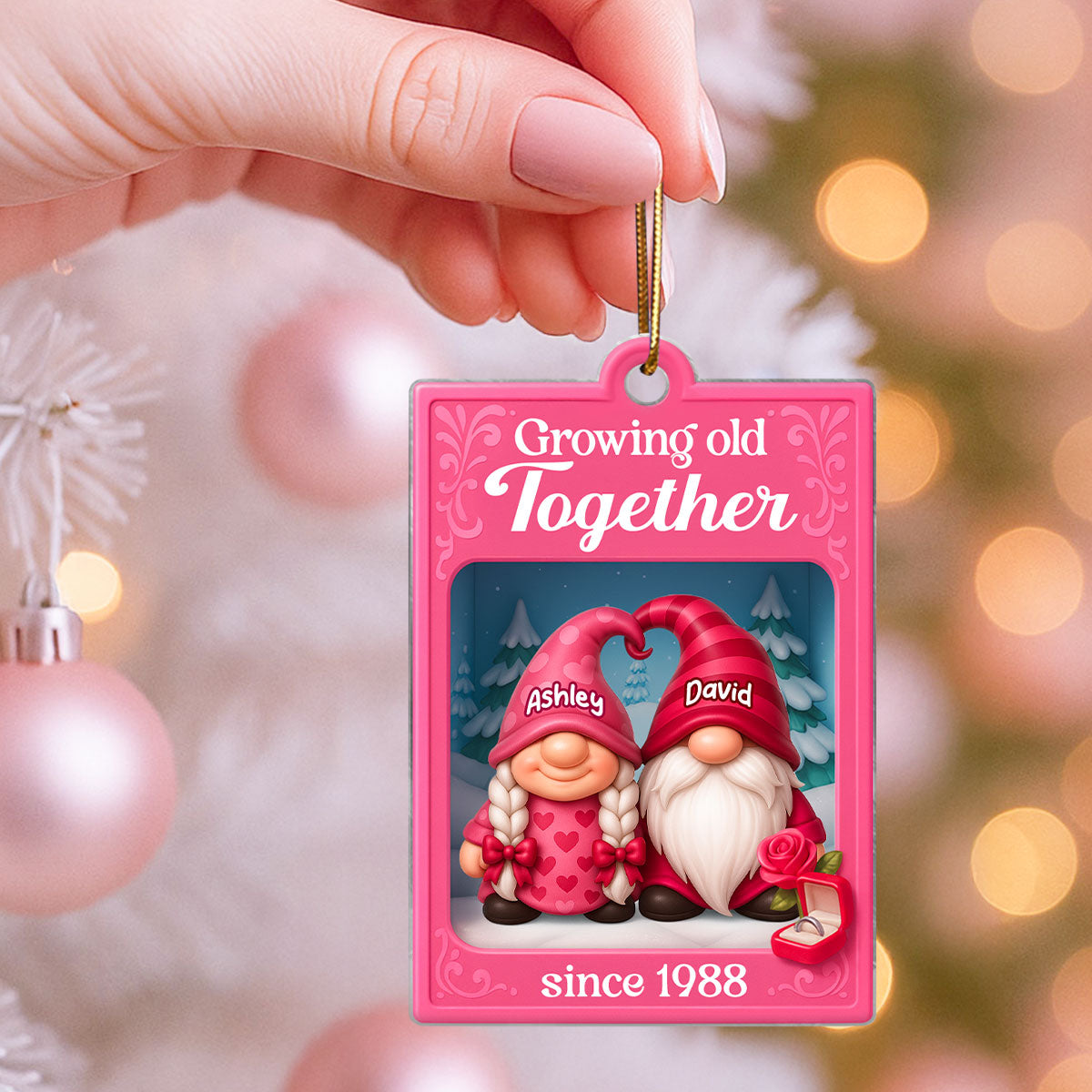 Growing Old Together Pink Gnome Couples Action Figure - Personalized Acrylic Ornament - Unique Christmas Gift For Old Couples, For Wife, For Husband