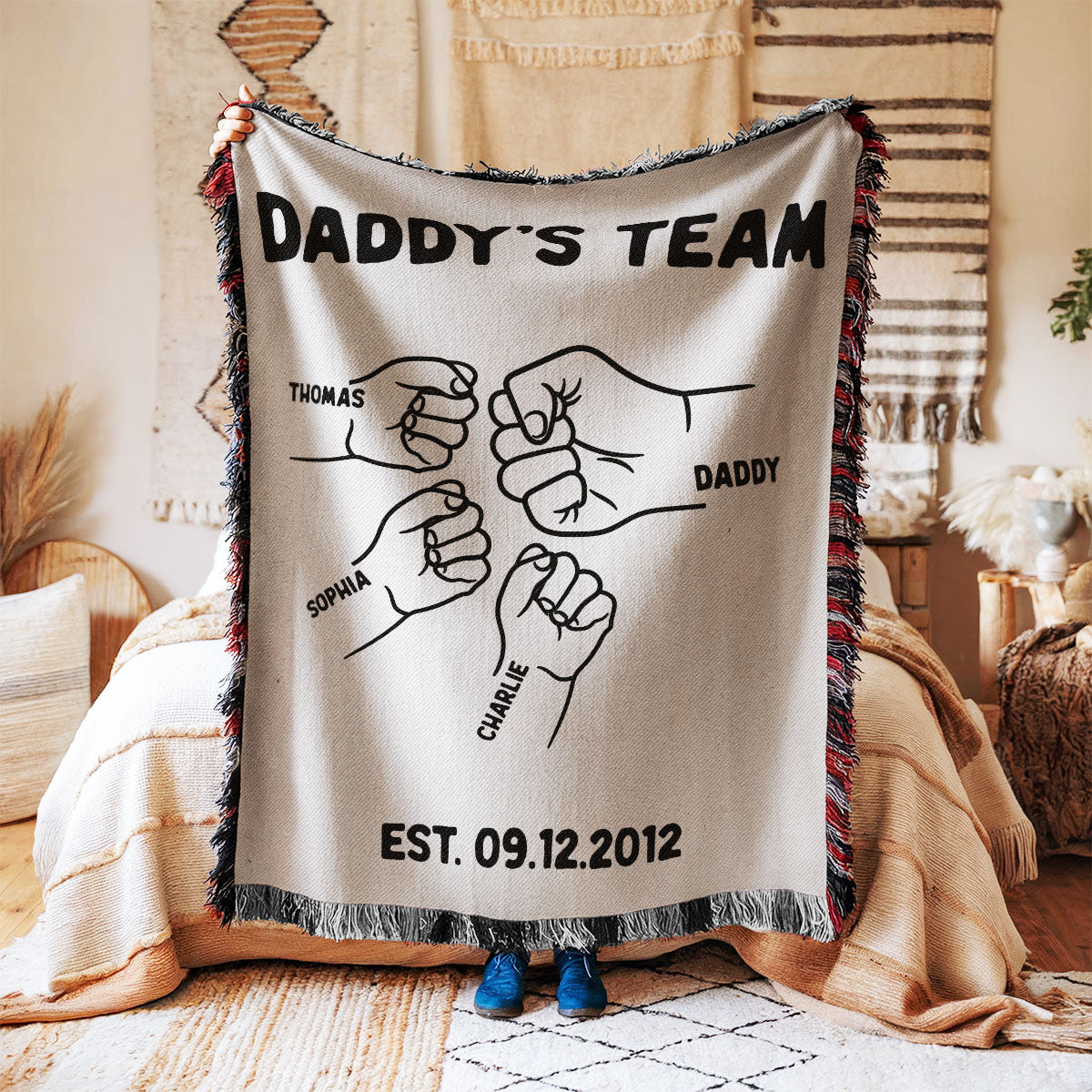 Daddy's Team Fist Bump Outline Personalized Tapestry Woven Blanket, Gift For Dad, Grandpa