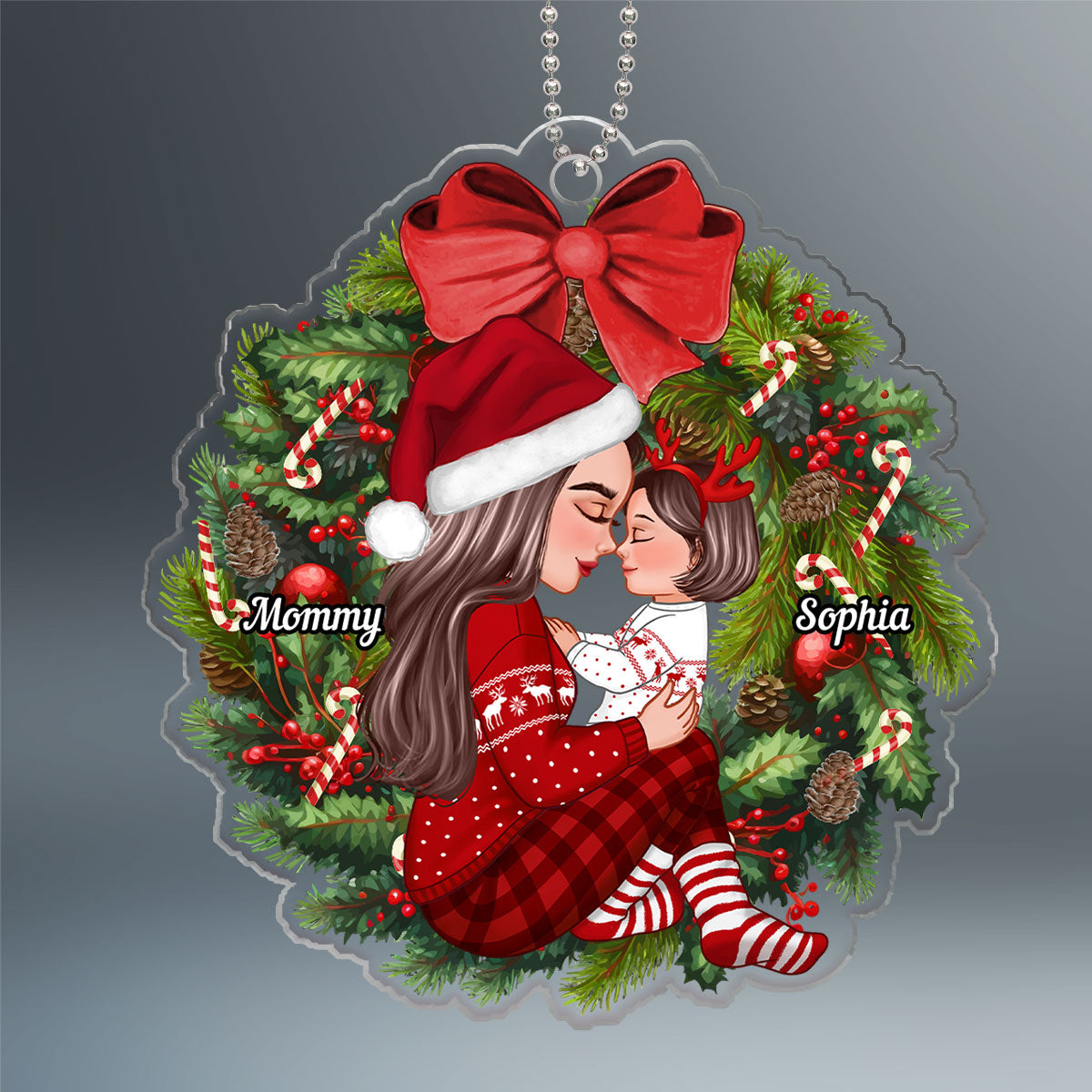 Grandma Mom Hugging Kid Sitting On Christmas Wreath Personalized Acrylic Ornament