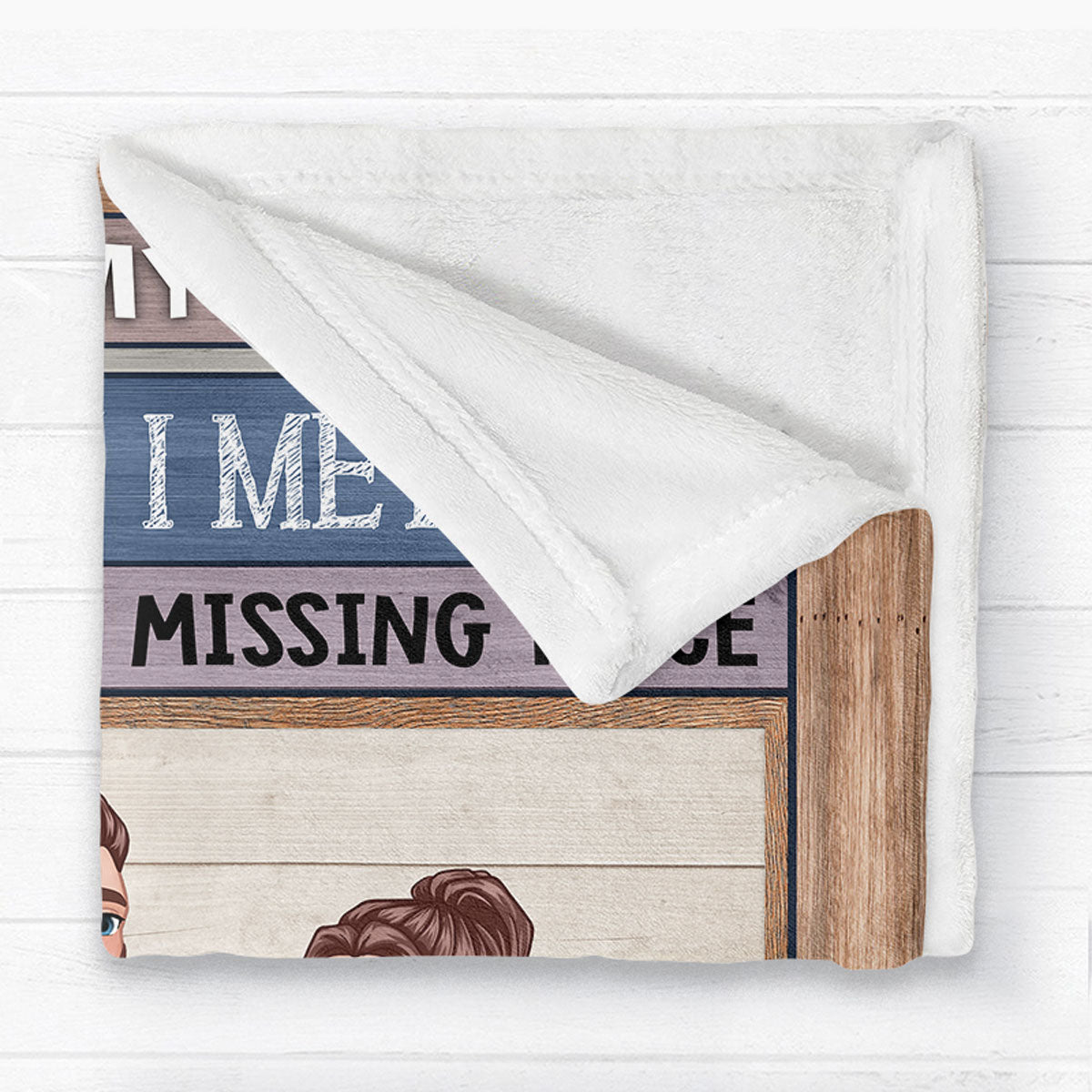 Cartoon Couple Sitting Blue Wood Texture The Day I Met You Personalized Fleece Blanket