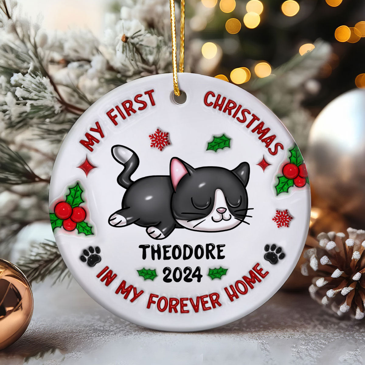 First Christmas In My Forever Home 3D Inflated Cat Lover Personalized Ceramic Ornament