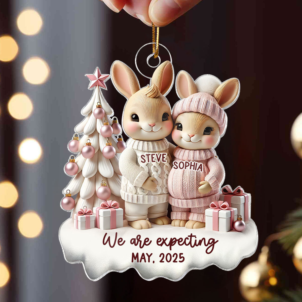 3D Effect Bunny Couple Pregnant Expecting New Baby Christmas Personalized Acrylic Ornament, Pregnancy Announcement Keepsake