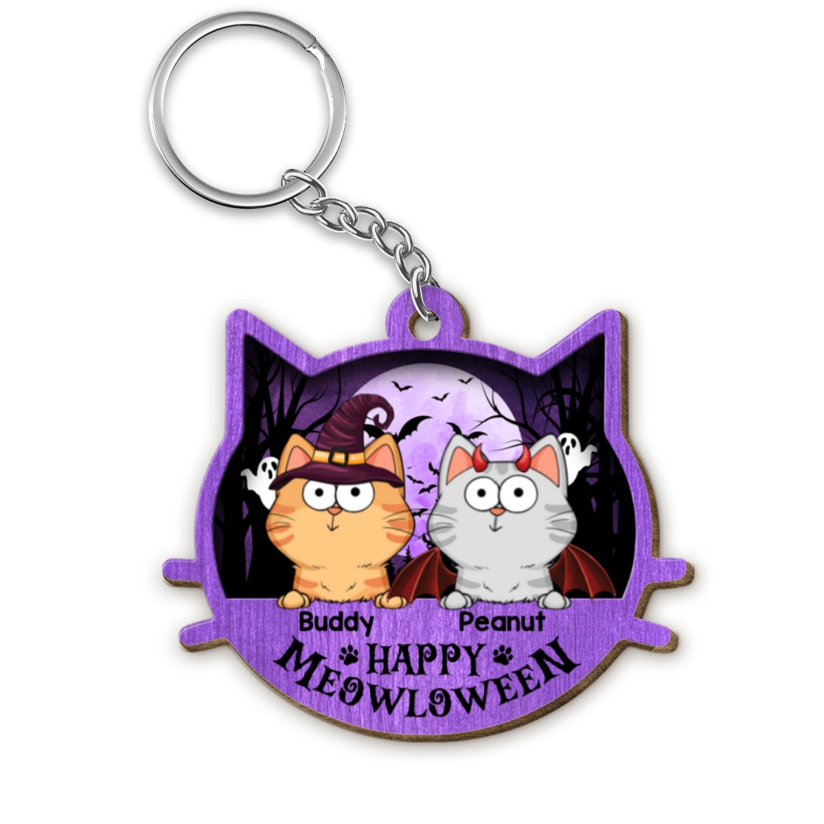 Halloween Cat Face Fluffy Cat Personalized Wooden Keychain