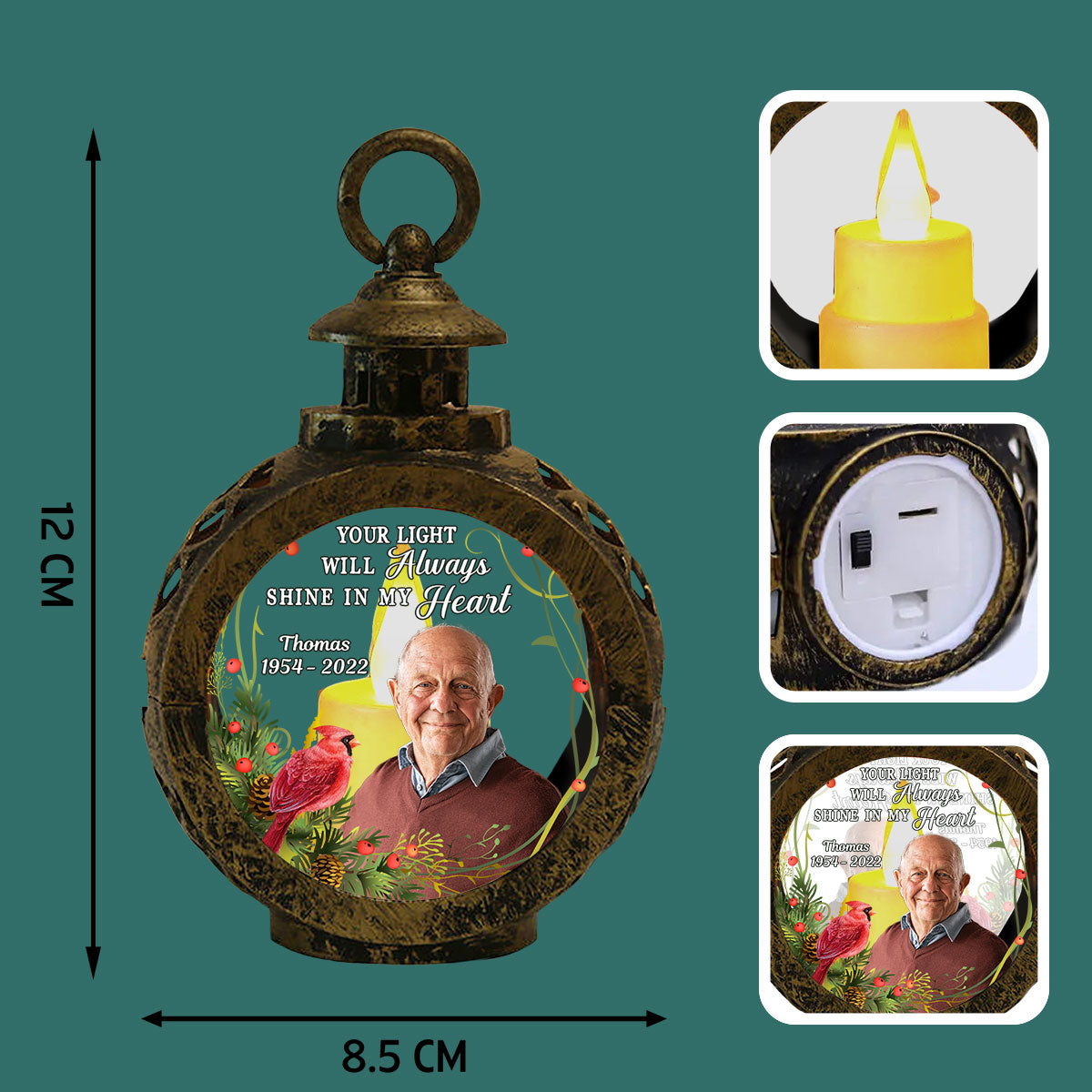 Your Light Will Always Shine In My Heart Memorial Keepsake Photo Upload Personalized Lantern Ornament
